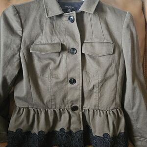 Peplum Style Women's Olive Jacket with Black Lace Trim